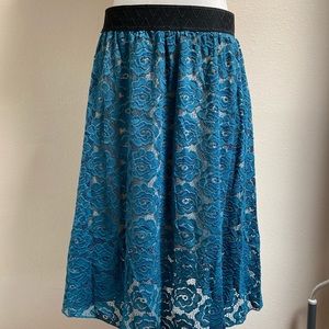 LulaRoe Womens Teal Lace Midi Below the Knee Skirt with Slip